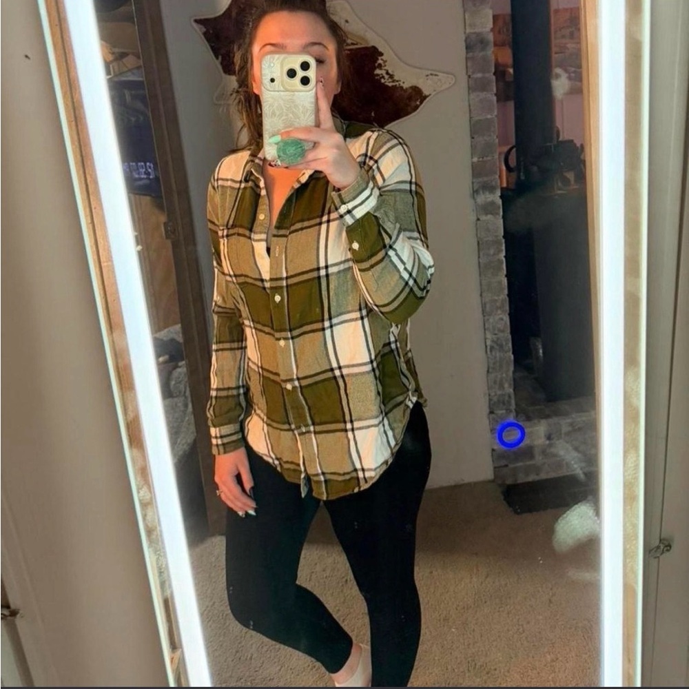 Lucky Brand Olive and White Plaid Button-Down Shirt